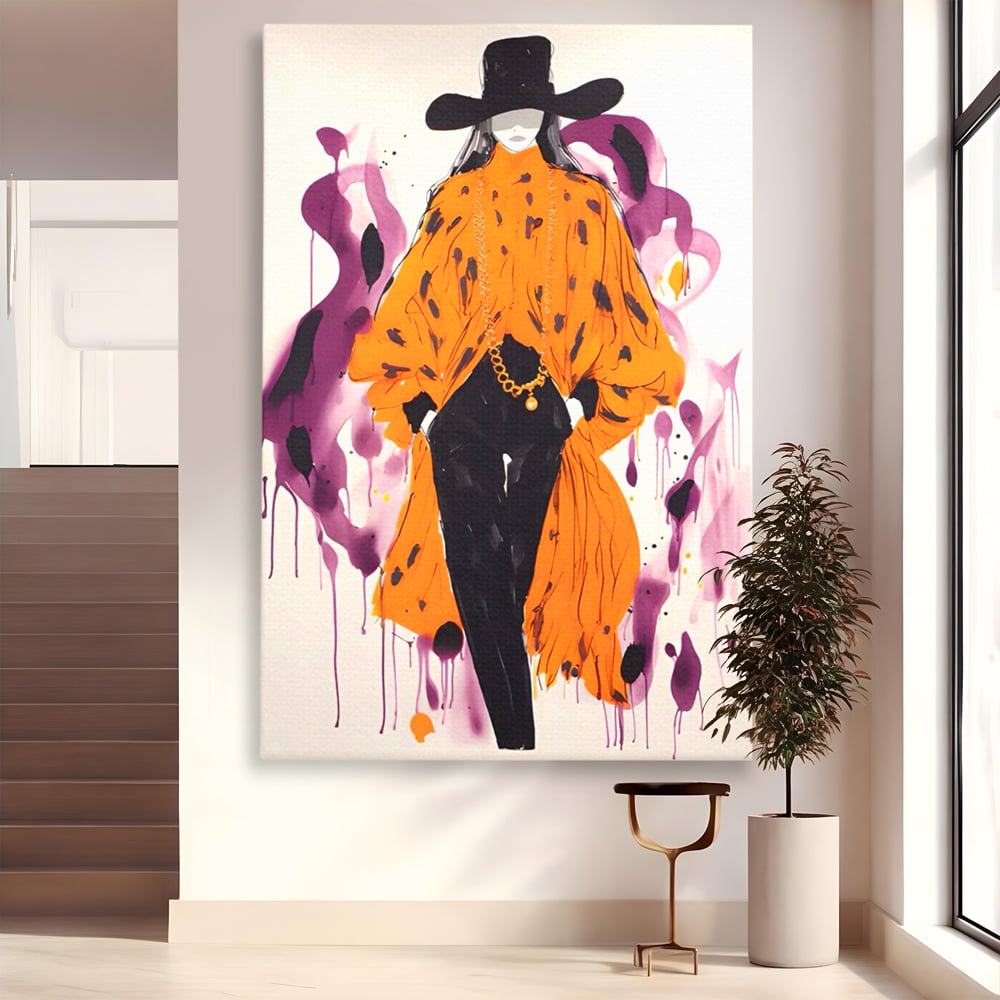 Tablou canvas cu ilustratie fashion cu femeie in costum portocaliu, fara rama, pe sasiu de lemn